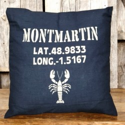 COUSSIN CARRE EN LN LAVE INDIGO ECRITURE BLANCHE