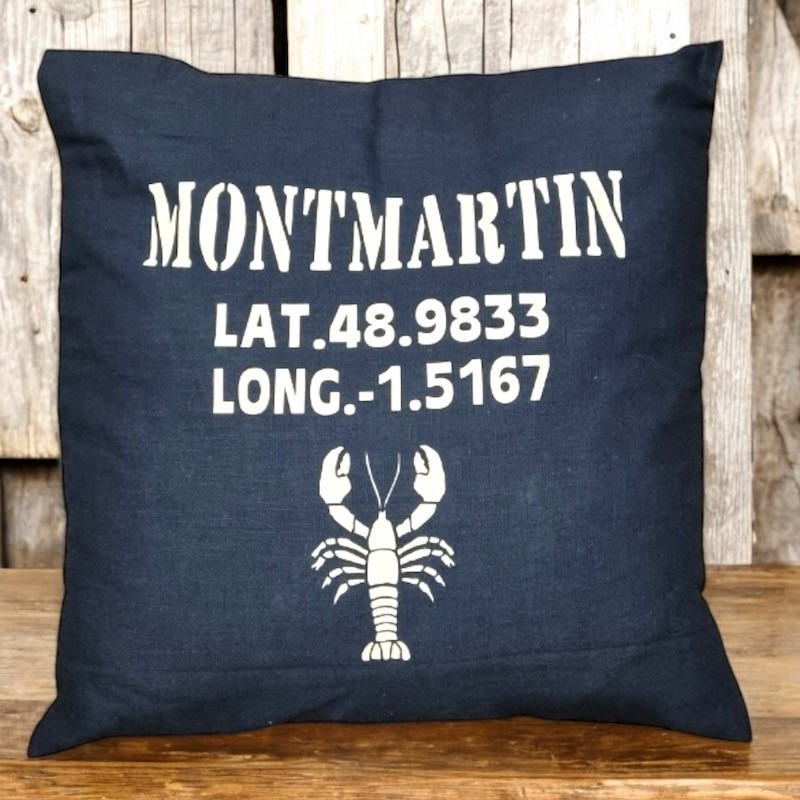 COUSSIN CARRE EN LN LAVE INDIGO ECRITURE BLANCHE